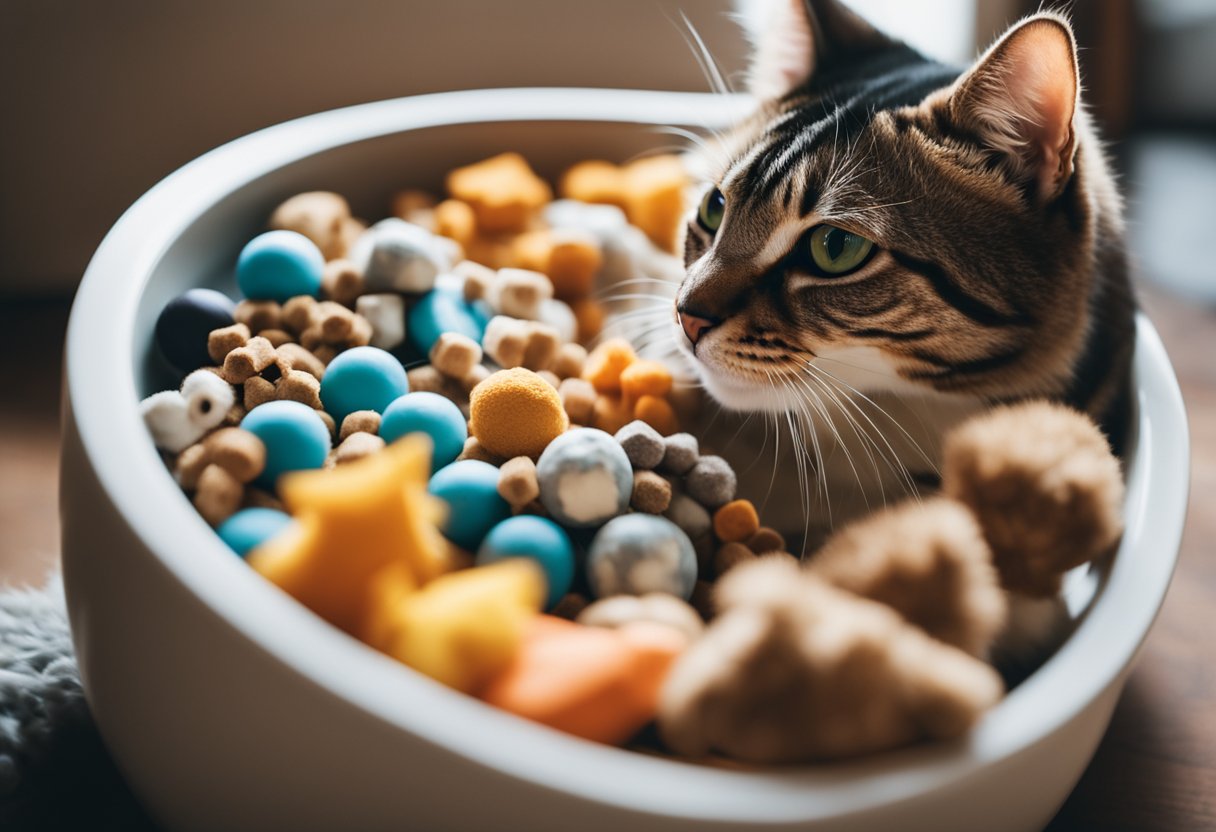 A cat eating from a bowl of balanced pet food, surrounded by toys and a comfortable bed in a cozy home setting