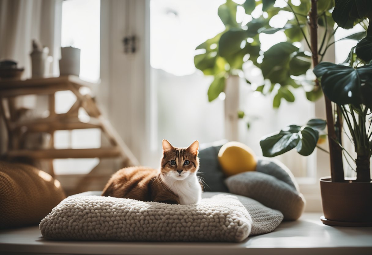 A cozy living room with a cat tree, toys, and a sunny window. Soft blankets and cushions are scattered around, and a bowl of fresh water sits next to a comfortable bed