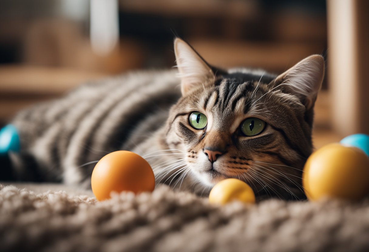 A cat lounges in a cozy home setting, surrounded by toys and scratching posts. It interacts with its owner and enjoys a comfortable and safe environment