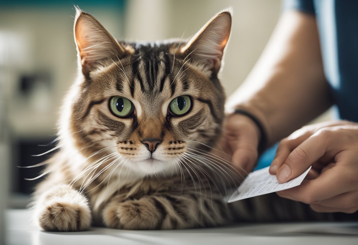 A cat receiving essential vaccinations at a veterinary clinic, with a calendar showing the schedule for necessary vaccines