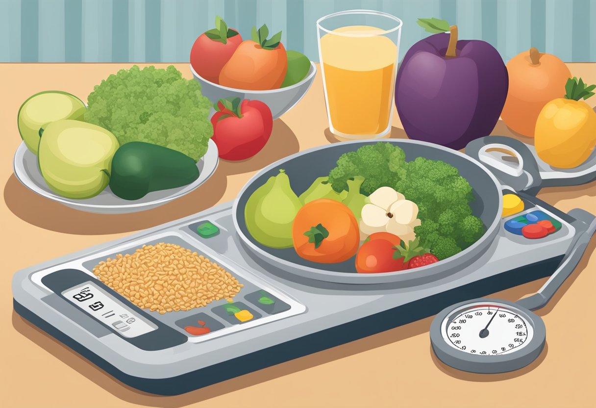 A balanced meal with fruits, vegetables, and whole grains sits on a plate. Exercise equipment and a scale are nearby