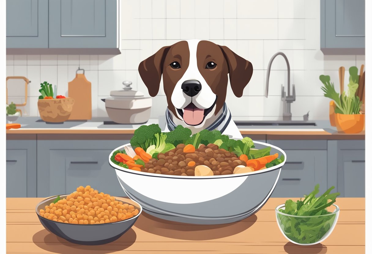 A dog happily eats a bowl of homemade dog food, surrounded by fresh ingredients like vegetables and lean meats. The dog looks healthy and content