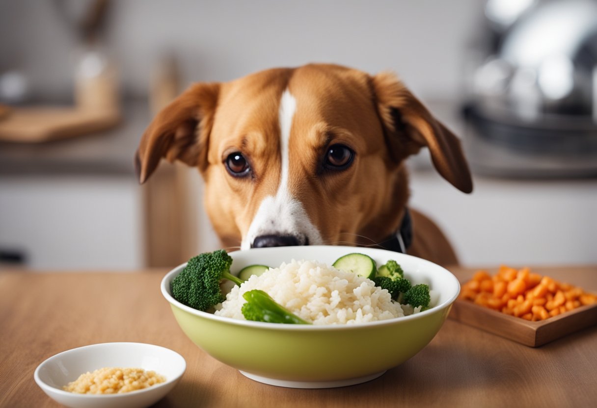 A dog eating hypoallergenic food from a bowl, surrounded by allergen-free ingredients like rice, turkey, and vegetables