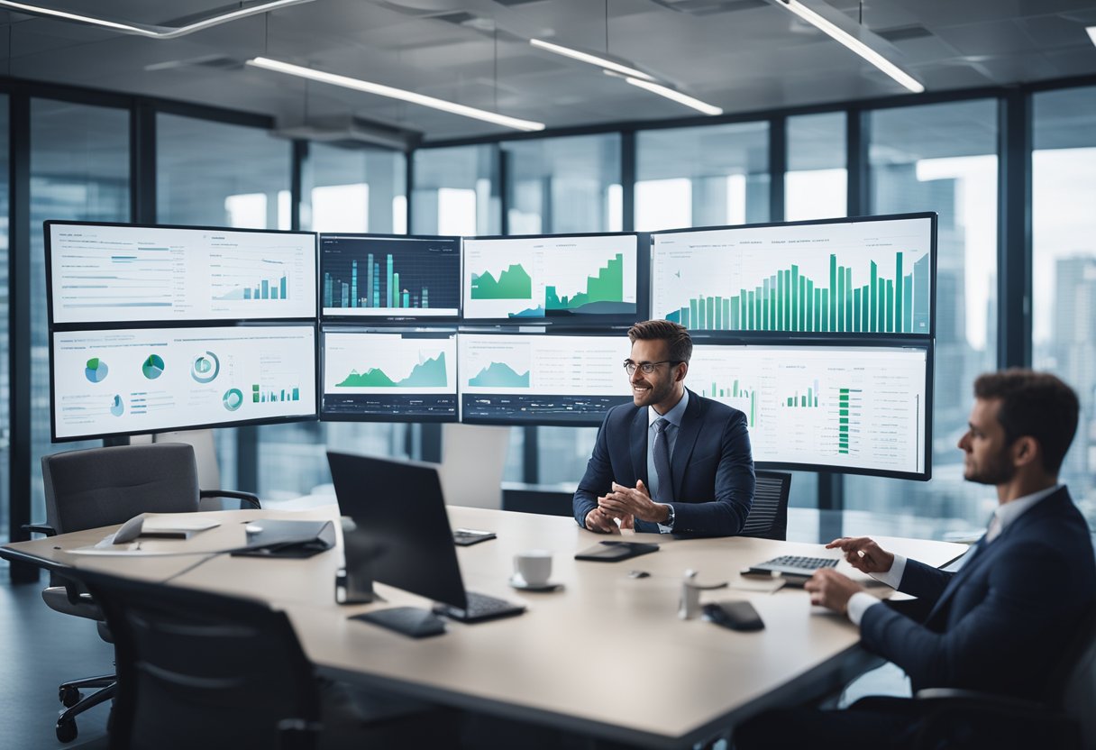 A modern office setting with a professional in a suit discussing financial strategies with a team. Charts and graphs are displayed on a large screen
