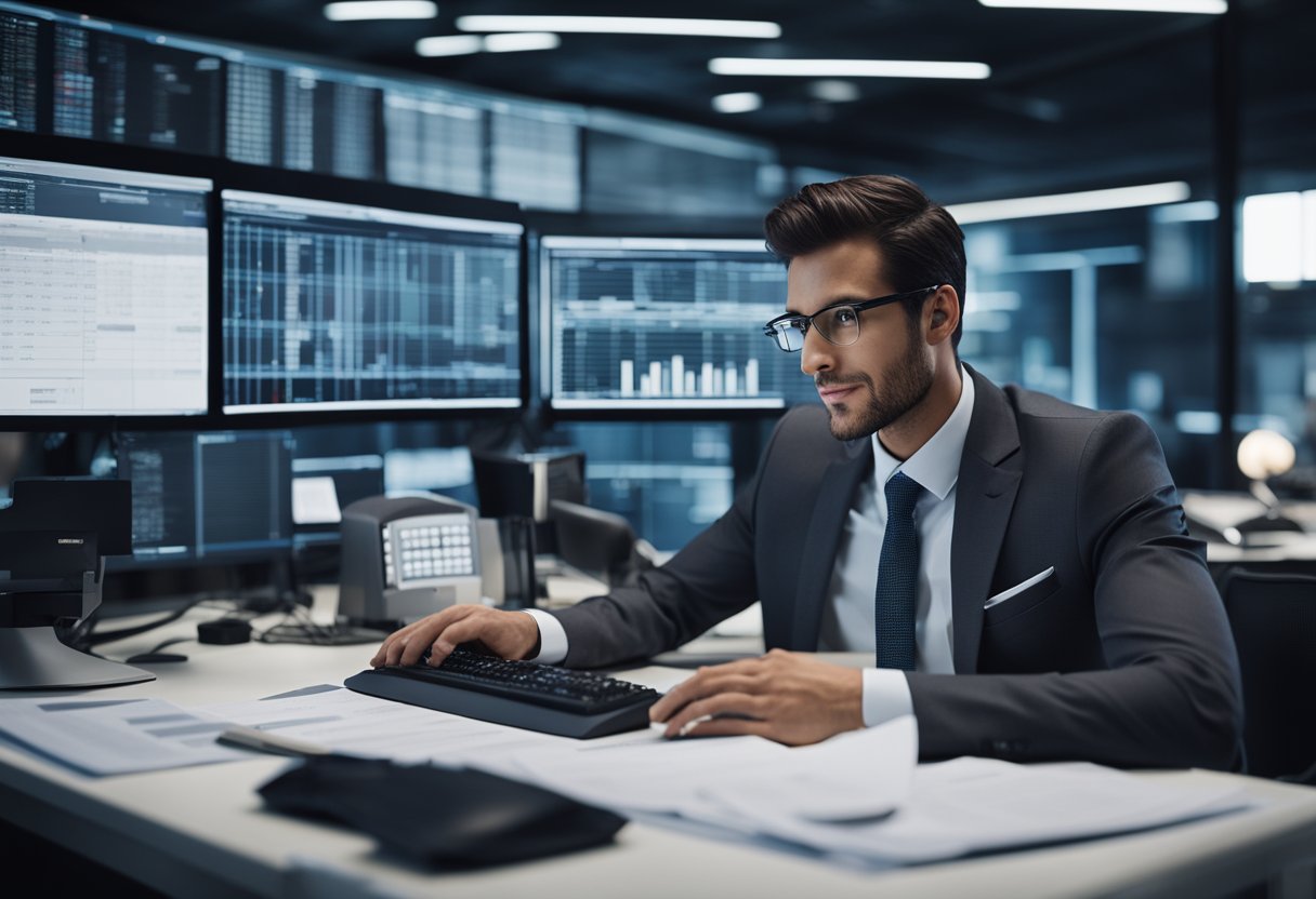 A busy office with a desk cluttered with financial reports, a computer screen displaying spreadsheets, and a person in a suit consulting with a team