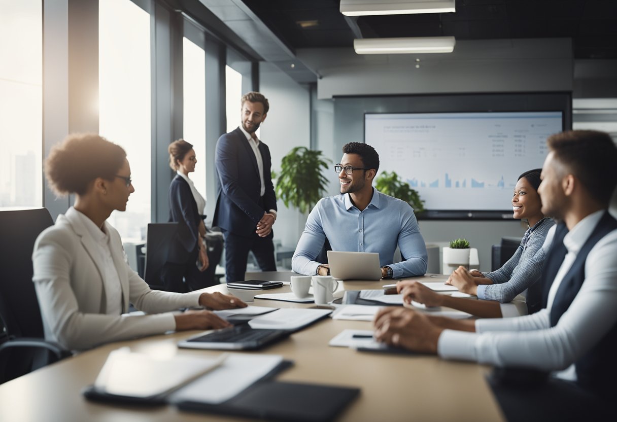 A bustling office with a Fractional CFO leading strategy sessions, analyzing financial data, and collaborating with executives to drive business growth