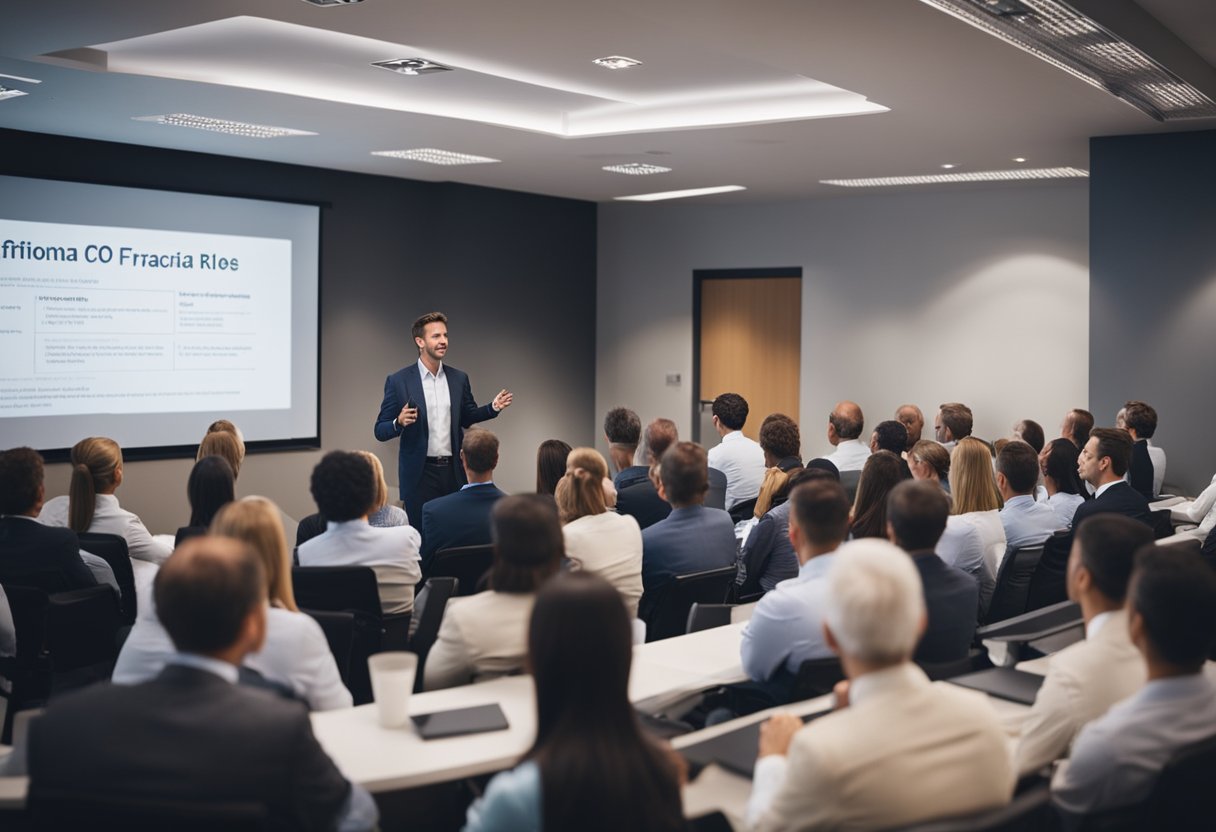 A business person presenting a seminar on fractional CFO roles to an engaged audience