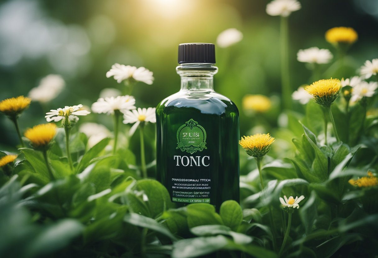 A bottle of hair growth tonic surrounded by lush, healthy plants and flowers