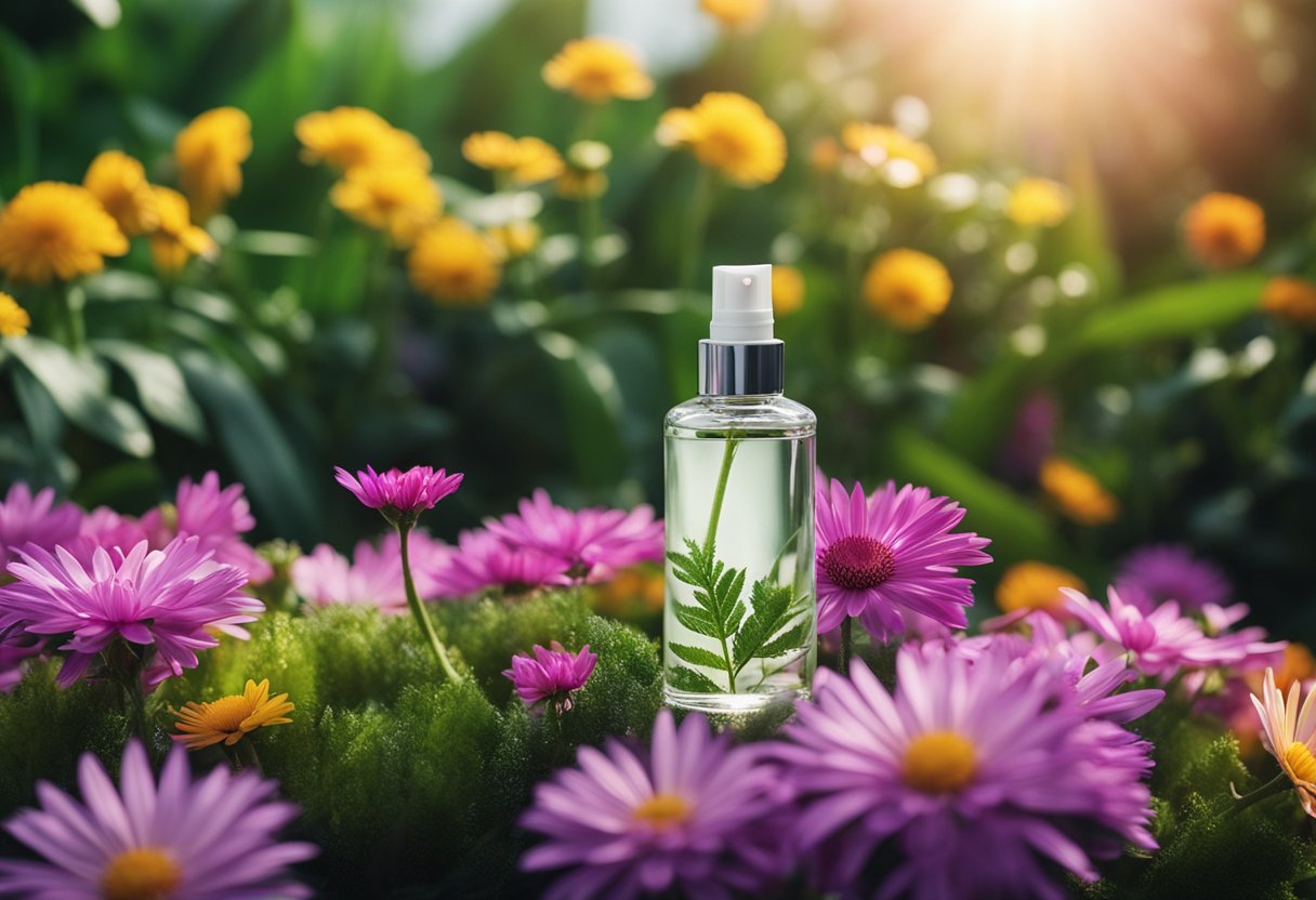 A bottle of hair growth tonic surrounded by vibrant, healthy-looking plants and flowers