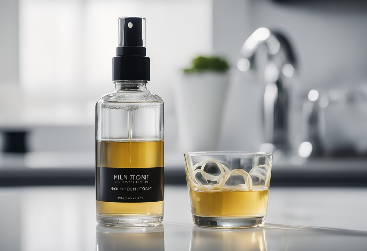 A bottle of hair tonic sits on a clean, white countertop. A few strands of hair are shown growing longer and thicker, symbolizing the effects of the product