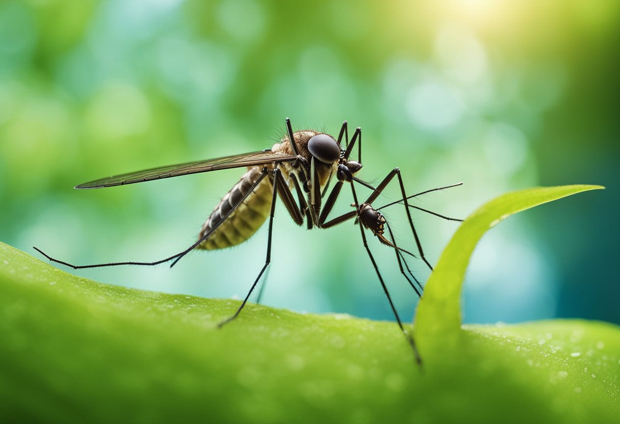 A mosquito hovers over a tropical setting, with lush green vegetation and a clear blue sky, representing the transmission of the Chikungunya virus