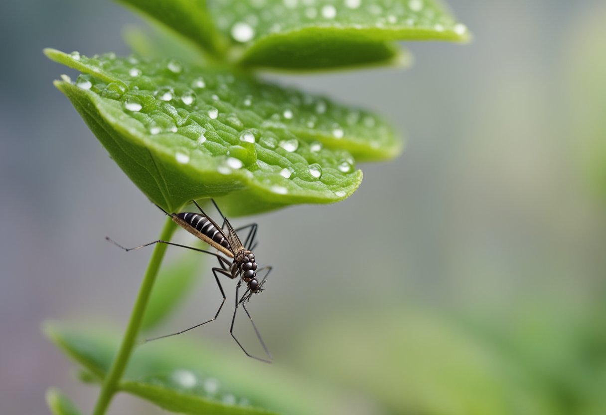 A mosquito carrying the Chikungunya virus bites a plant, transmitting the virus to the plant's sap