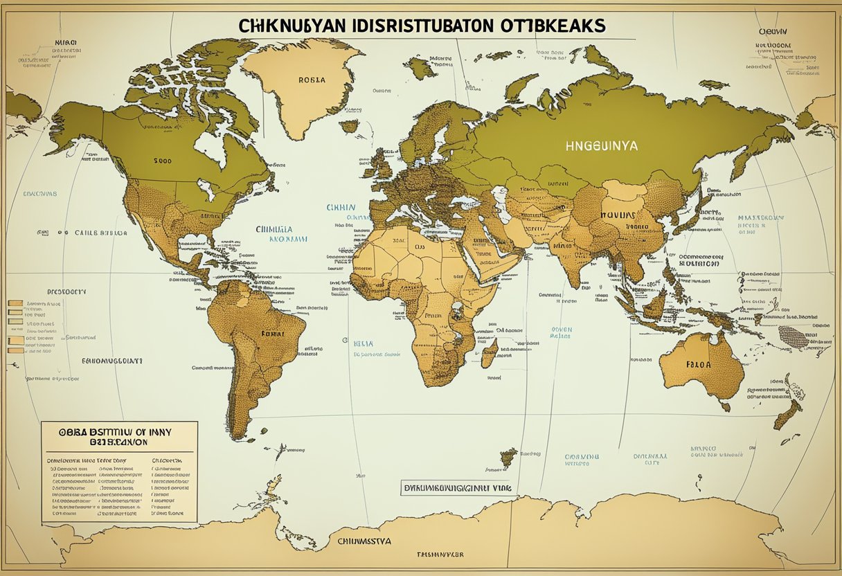 A map showing the global distribution of Chikungunya virus outbreaks with labeled regions and transmission routes