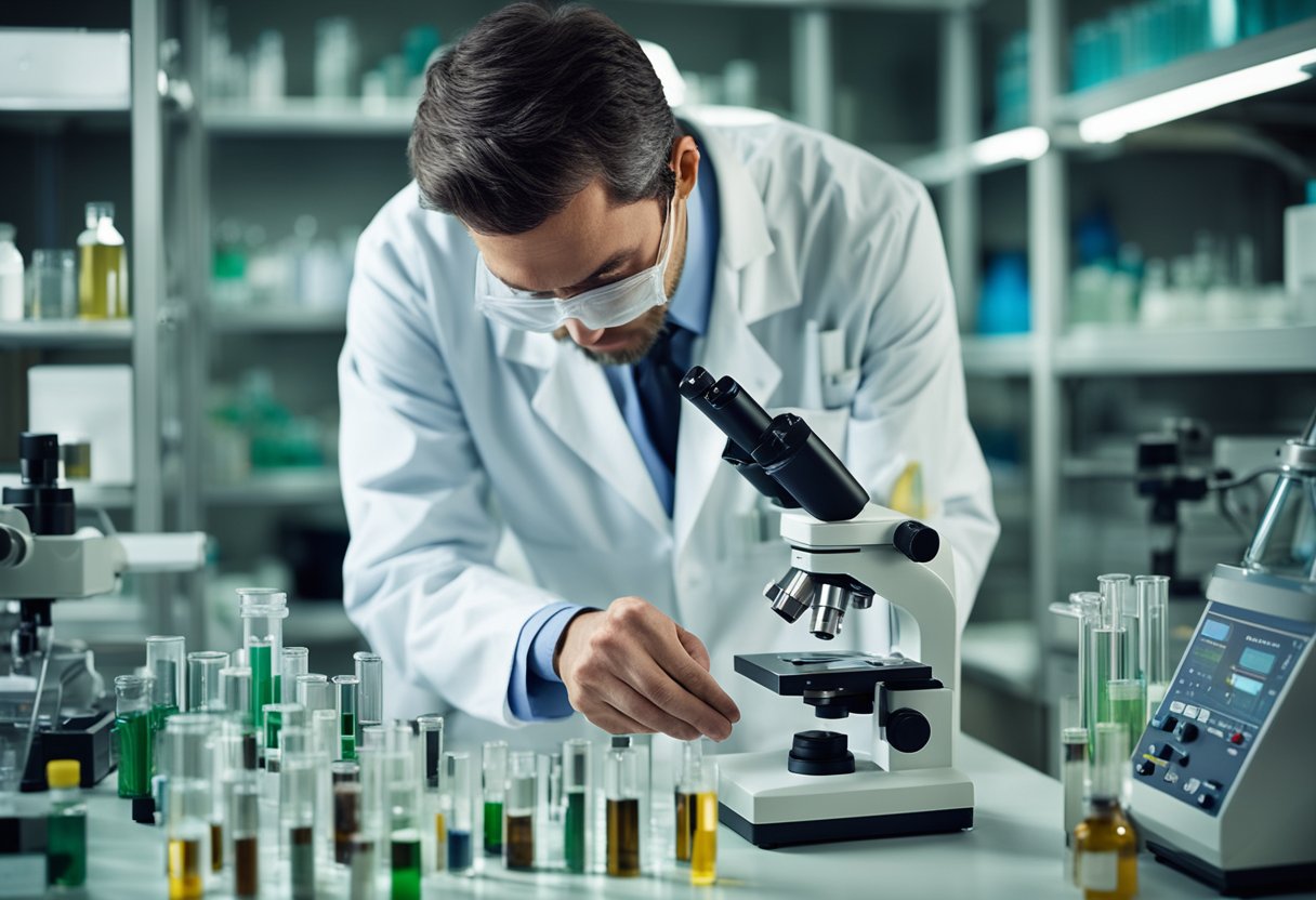 A scientist in a lab coat examines a test tube labeled "Chikungunya virus" under a microscope, surrounded by various laboratory equipment