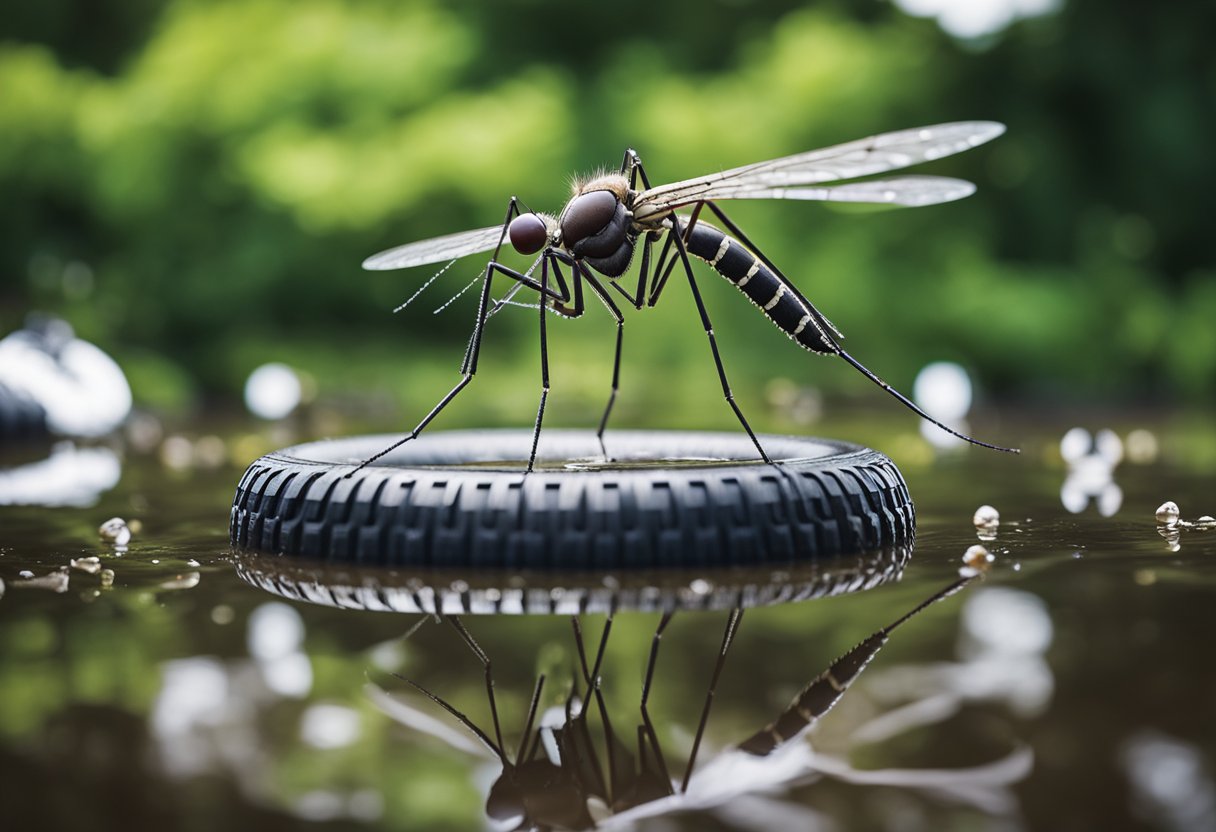 A mosquito hovers over a stagnant pool of water, surrounded by discarded tires and containers. A warning sign about Chikungunya virus is posted nearby