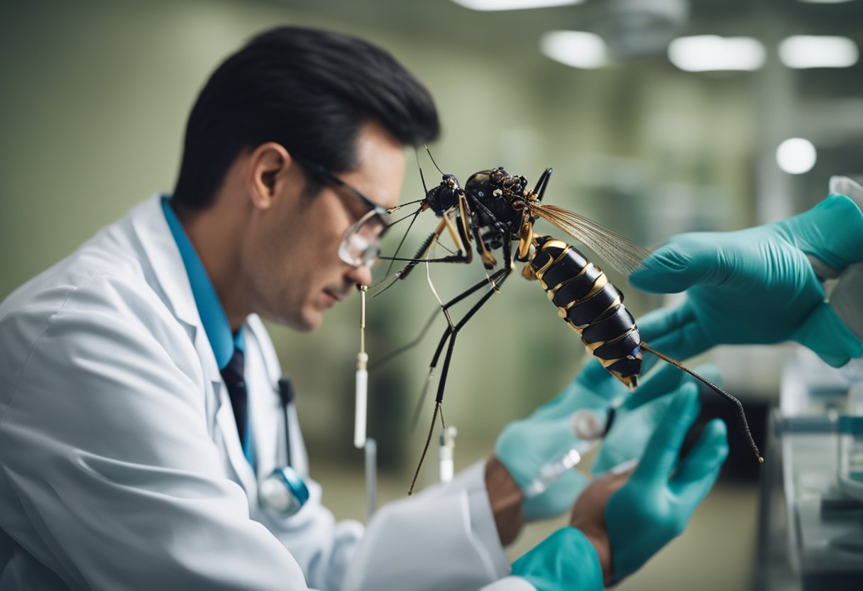 A doctor administers medication to a patient with Chikungunya virus. Medical equipment and treatment guidelines are displayed nearby