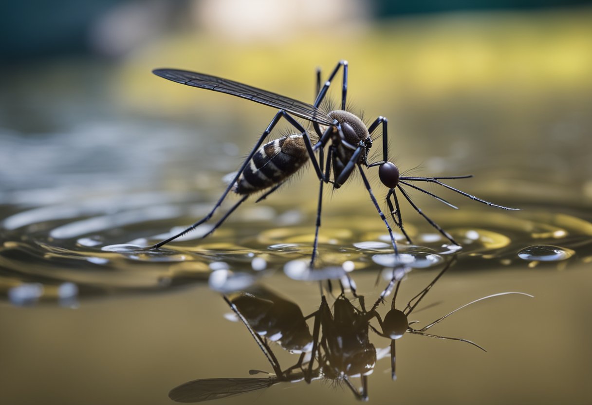 A mosquito hovers over a stagnant pool of water, with a warning sign for Chikungunya virus disease nearby