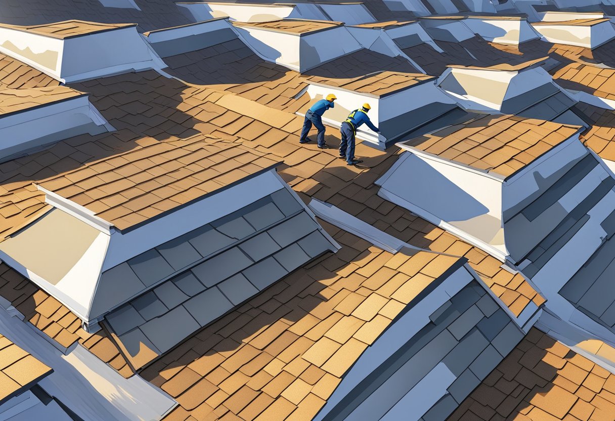 A crew of workers installs shingles on a newly constructed roof in Sugar Land, TX. The sun shines down as they meticulously secure each piece in place