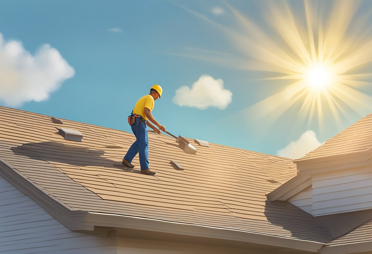 A roofer carefully selects and installs the right roofing material in Sugar Land, TX. The sun shines down on the completed roof, showcasing its durability and quality