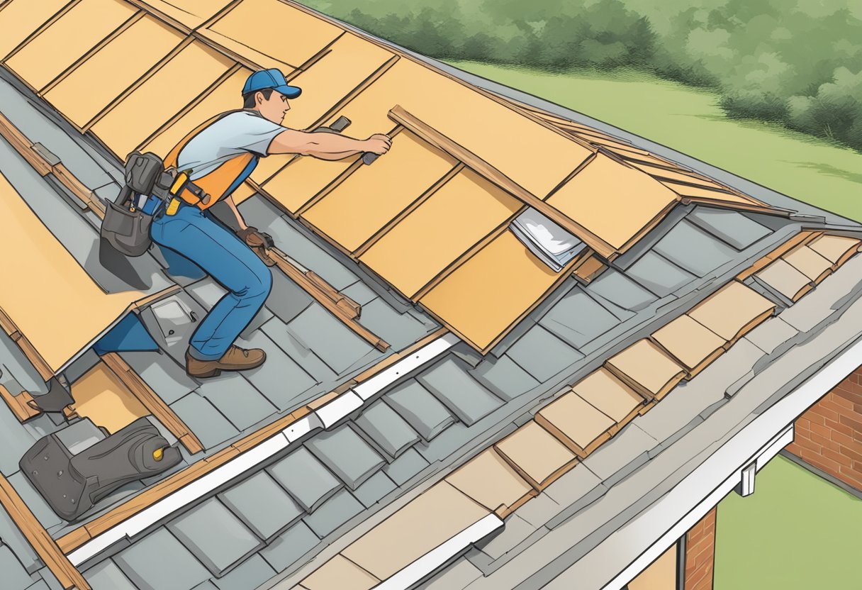 A roofer measures and inspects a residential roof in Sugar Land, TX, checking for any pre-installation considerations