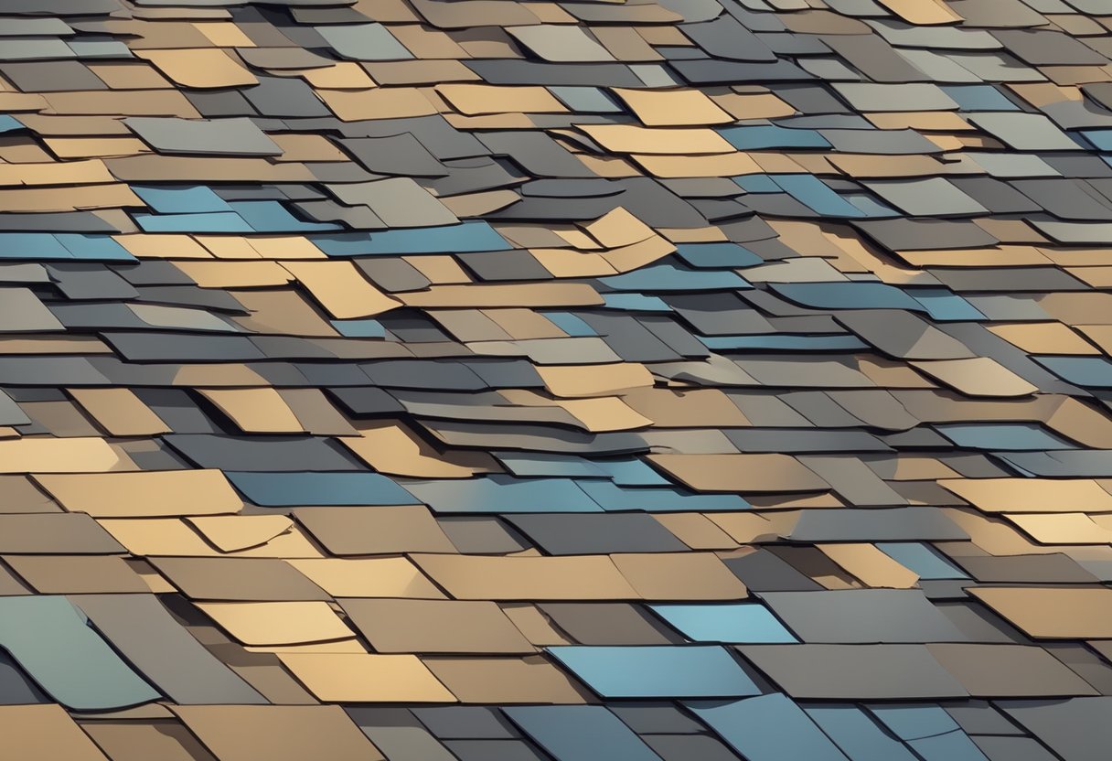 Workers lay down shingles on a newly constructed roof in Sugar Land, TX. Tools and materials are scattered around the site