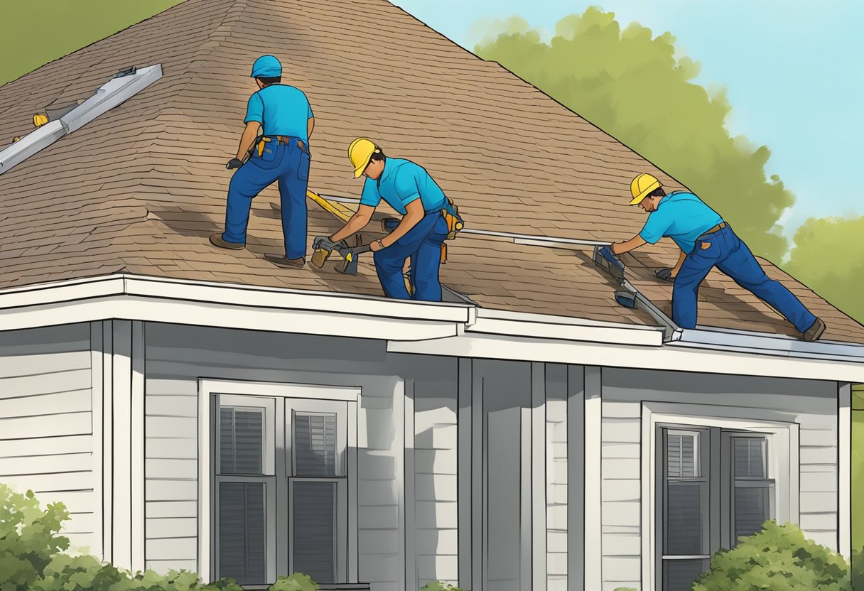 A crew of workers installing a new roof on a suburban home in Sugar Land, Texas, following local building codes and regulations