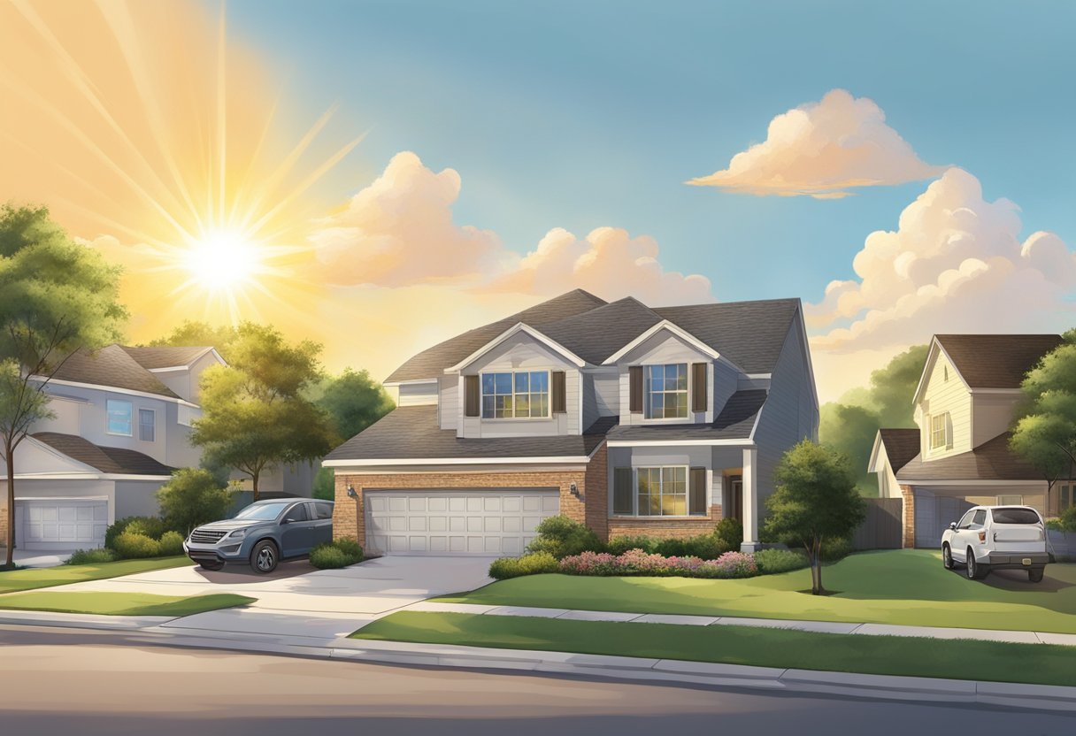 The sun shines brightly over a suburban neighborhood in Sugar Land, Texas as roofers work diligently to install new roofs. The sky is clear, and a gentle breeze blows through the air, providing ideal weather conditions for the roofing project