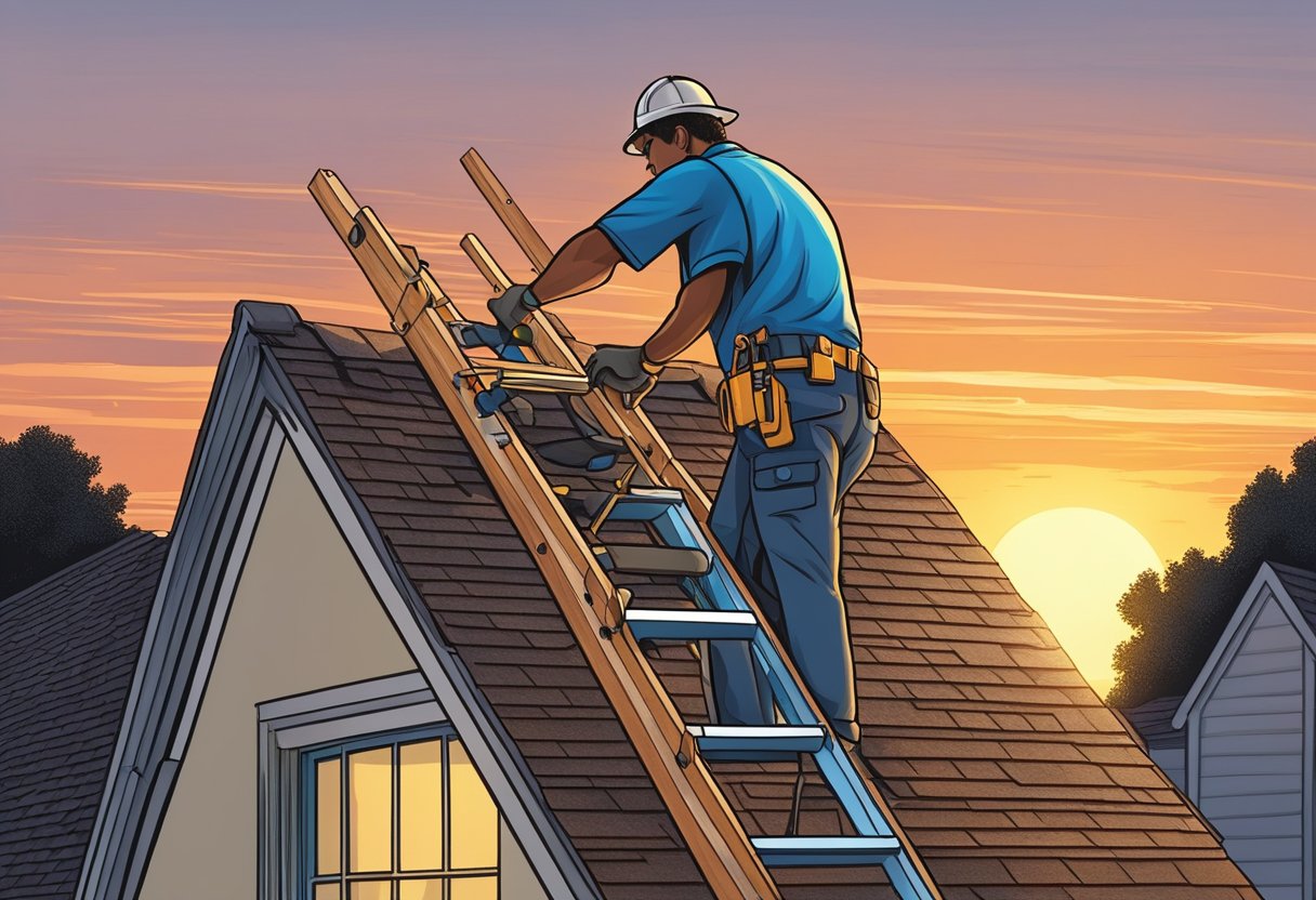 A roofer inspects shingles for damage with a ladder and tools. The sun sets behind a suburban neighborhood in Sugar Land, TX