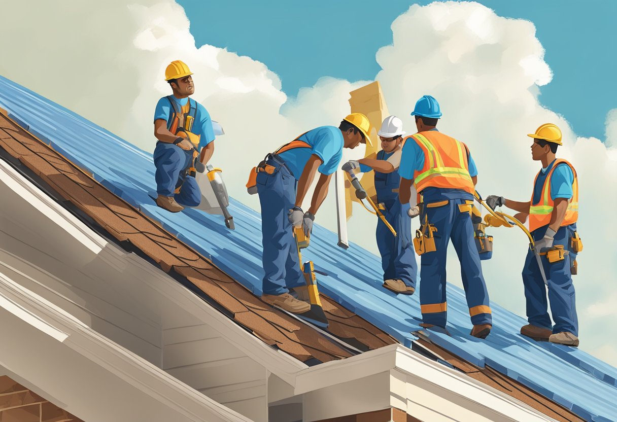 A crew of workers replaces a roof in Sugar Land, TX, under a clear blue sky