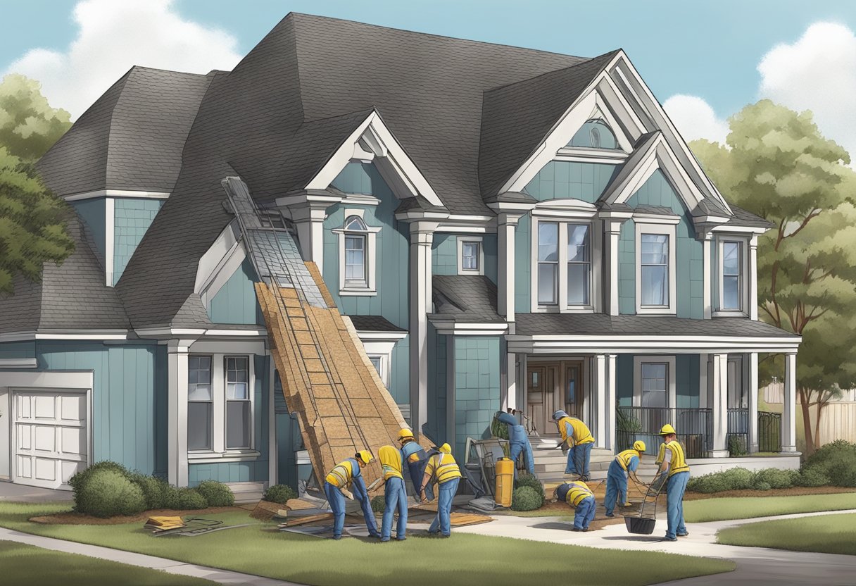 A crew of workers removing old shingles and installing new ones on a suburban house in Sugar Land, Texas