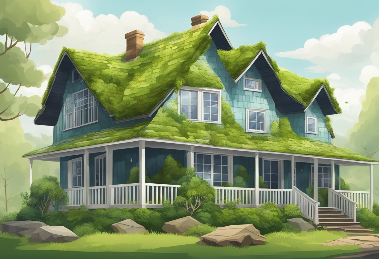 A house with shingles curling and missing, water stains on the ceiling, and moss or algae growth on the roof