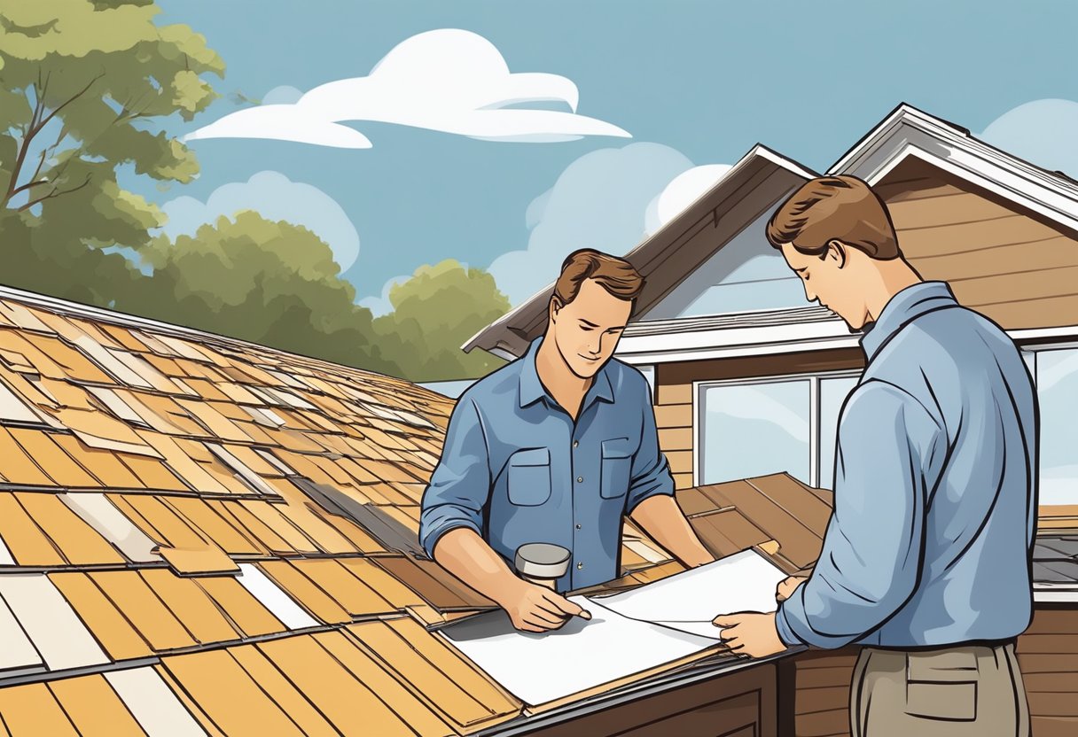 A homeowner carefully examines different roofing materials, comparing their durability, cost, and aesthetic appeal. Samples of shingles, tiles, and metal panels are spread out on a table for consideration