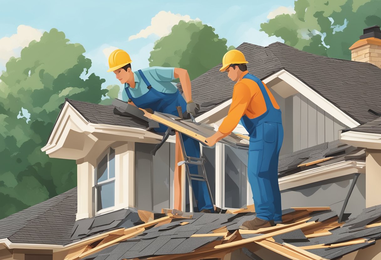 Workers tearing off old shingles, laying down new roofing material, and nailing it into place on a suburban home in Sugar Land, TX