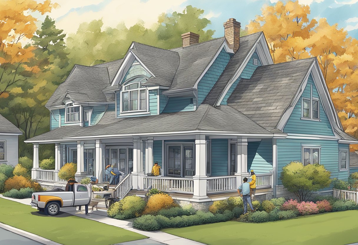 A crew of workers replacing a shingled roof on a suburban home, with a truck delivering materials and a homeowner discussing financing options with a contractor