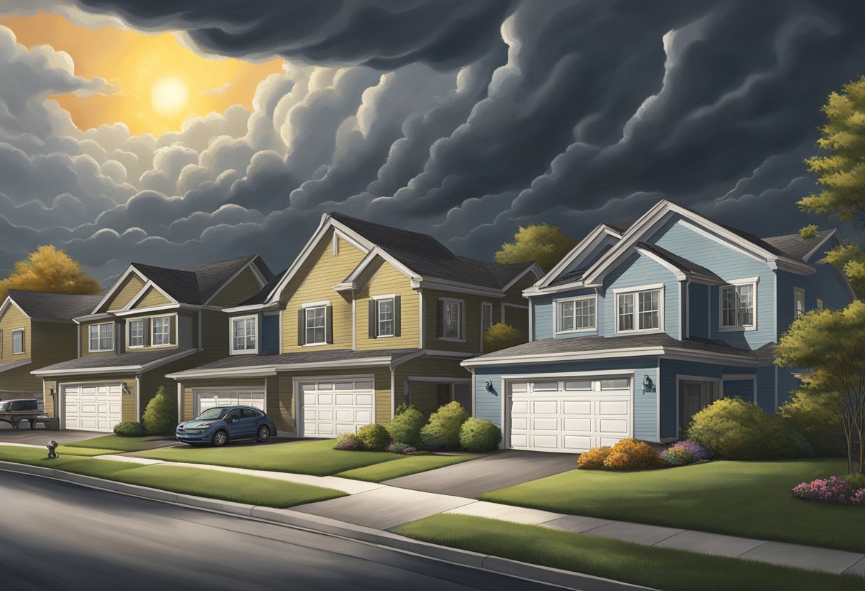 The sun shines brightly over a suburban neighborhood. Dark clouds loom in the distance, hinting at an impending storm. A roofing crew works diligently to replace a roof, taking advantage of the calm before the potential downpour