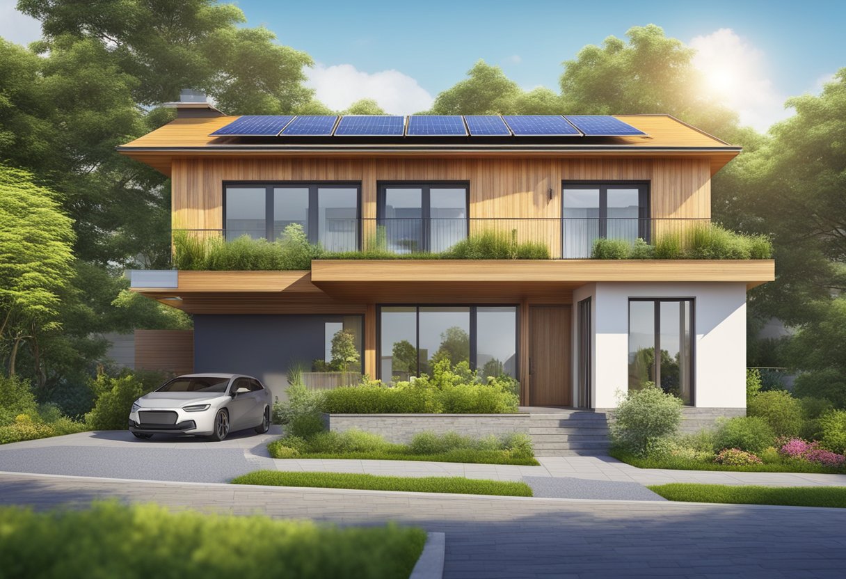 A sunny suburban house with a modern, eco-friendly roof made of solar panels or recycled materials, surrounded by lush greenery