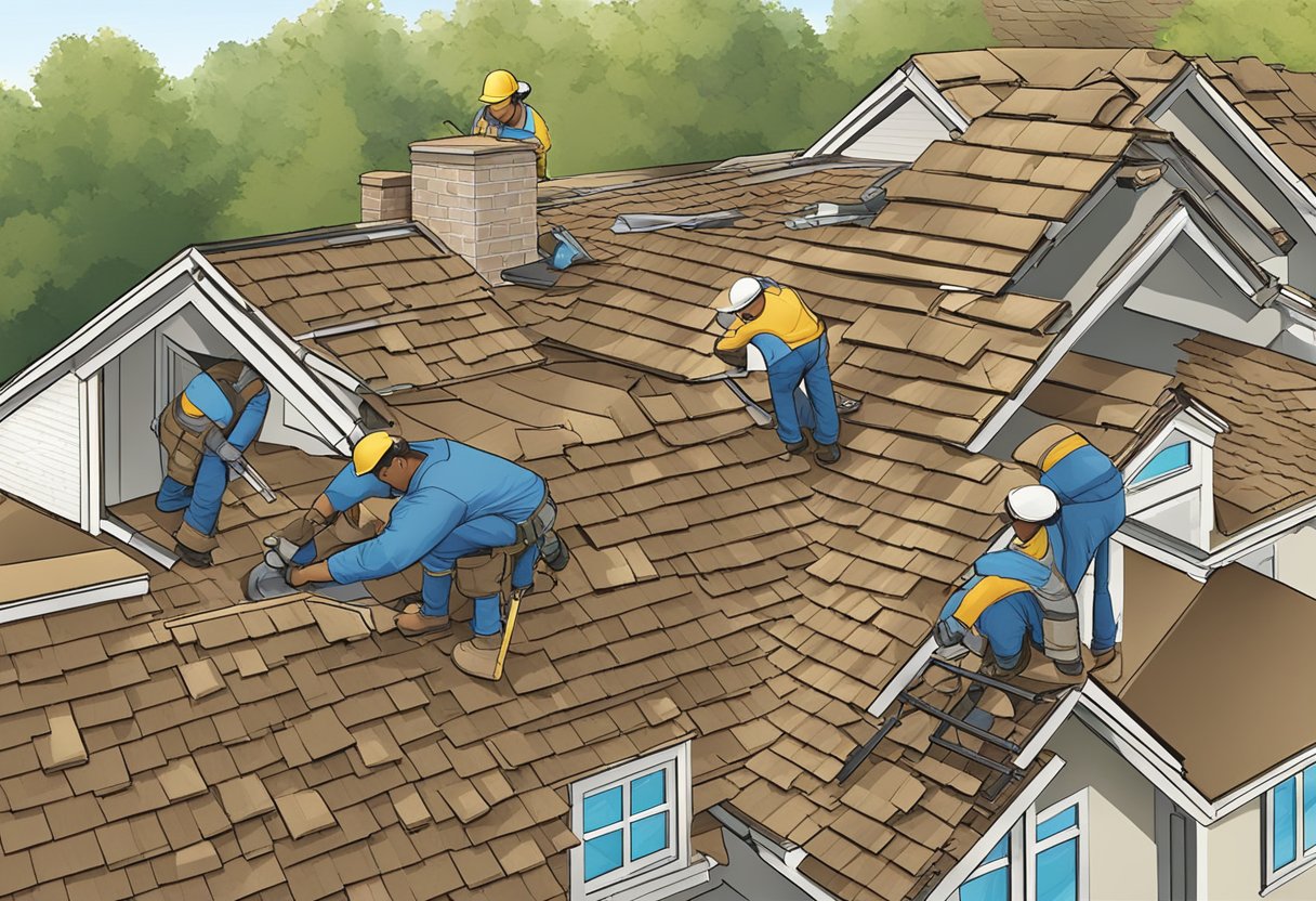 A crew installs a new roof in Sugar Land, TX. Shingles are being laid and secured, while workers use tools and equipment to complete the project