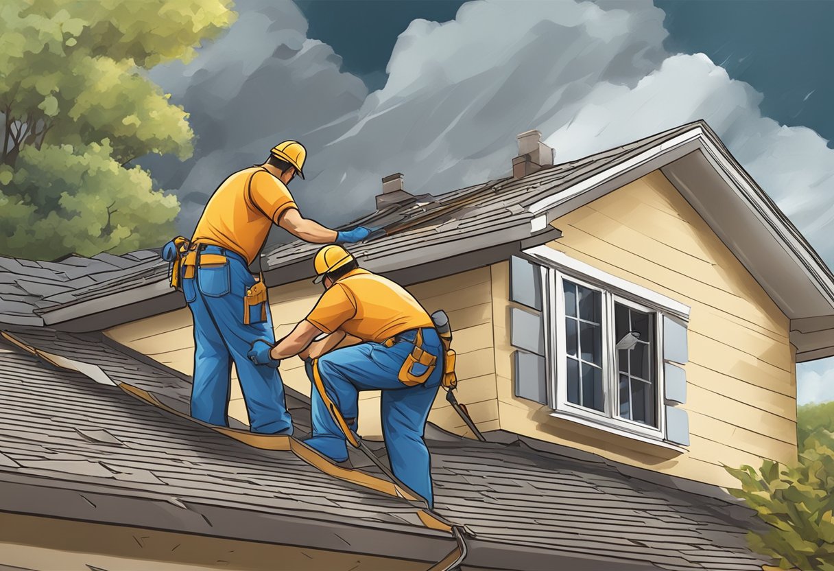 A team of roofers swiftly repair a damaged roof in Sugar Land, TX amidst stormy weather