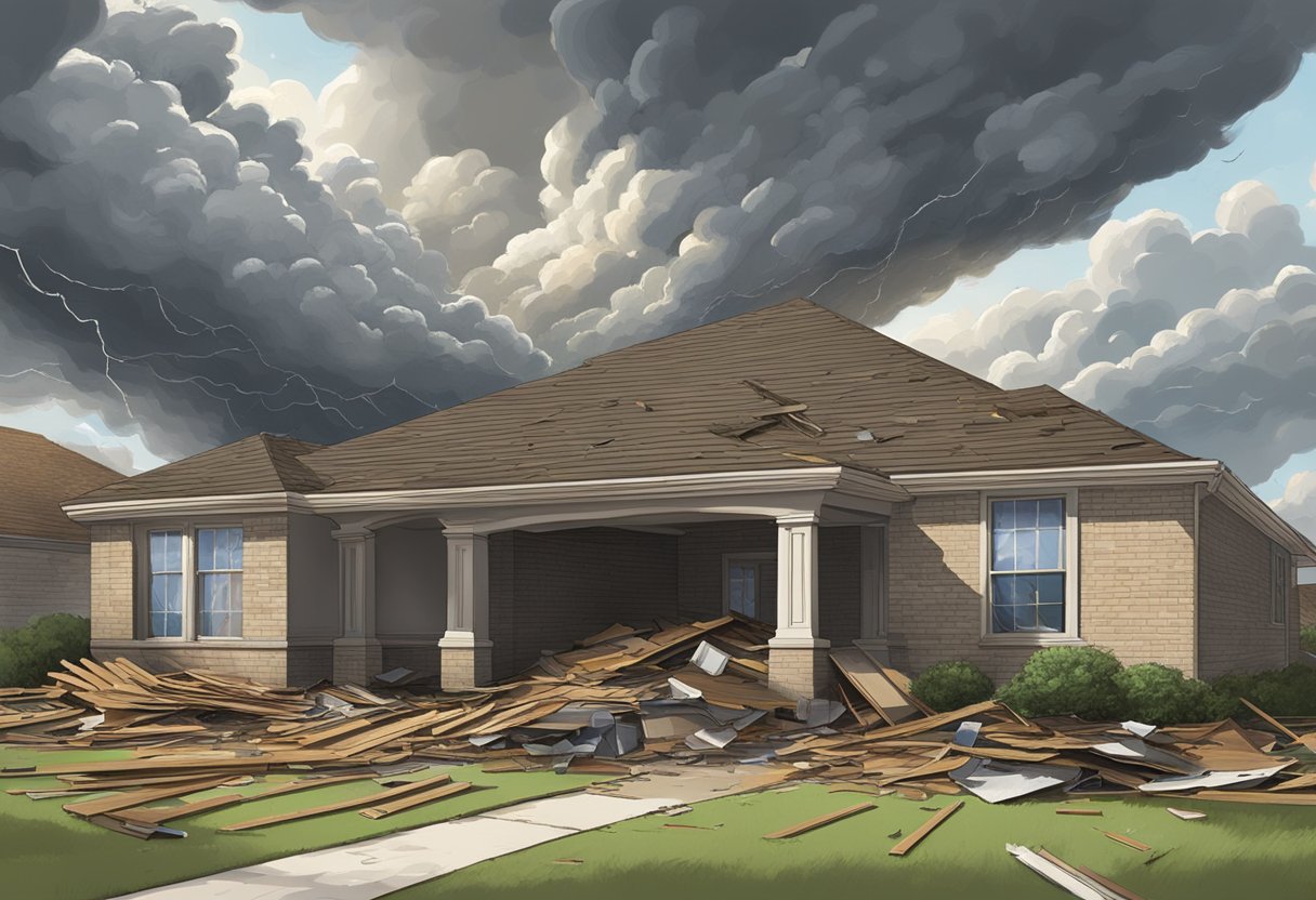 A stormy sky looms over a damaged roof in Sugar Land, TX. Debris litters the ground as workers rush to repair the urgent roofing issue