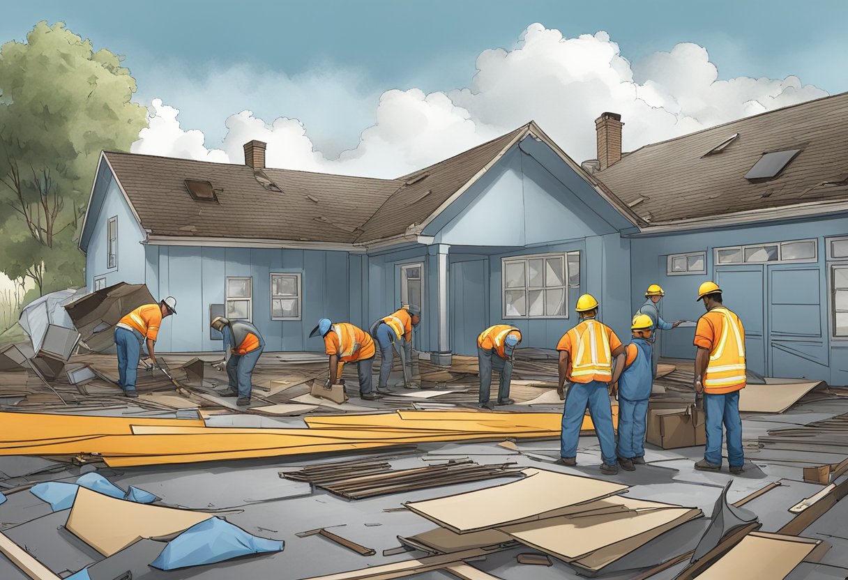 The scene shows a temporary patch on a damaged roof, while workers discuss long-term solutions. Tools and materials are scattered around. The sky is overcast, indicating the urgency of the situation