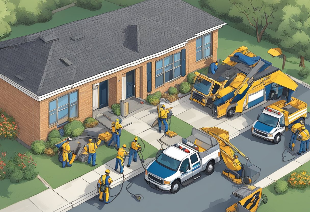 A team of roofing professionals swiftly responds to a call for emergency services in Sugar Land, TX. The scene shows a crew arriving at a damaged roof with tools and equipment ready to work