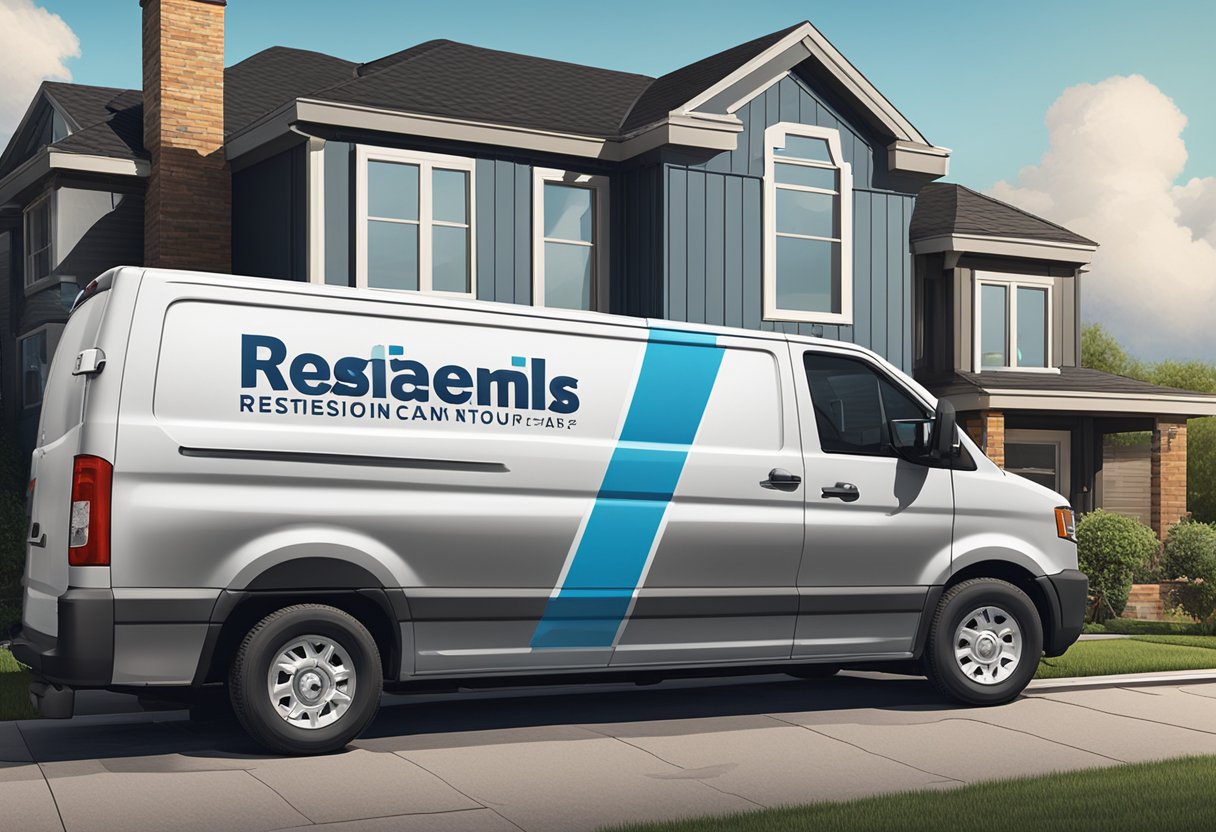 Roofing company logo on a van parked in front of a damaged house. Testimonials and case studies displayed on a billboard