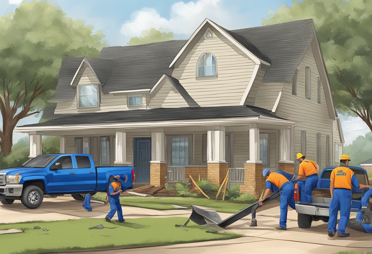 A roofing crew rushes to a damaged home in Sugar Land, TX. Their trucks are parked outside as they work to repair the roof