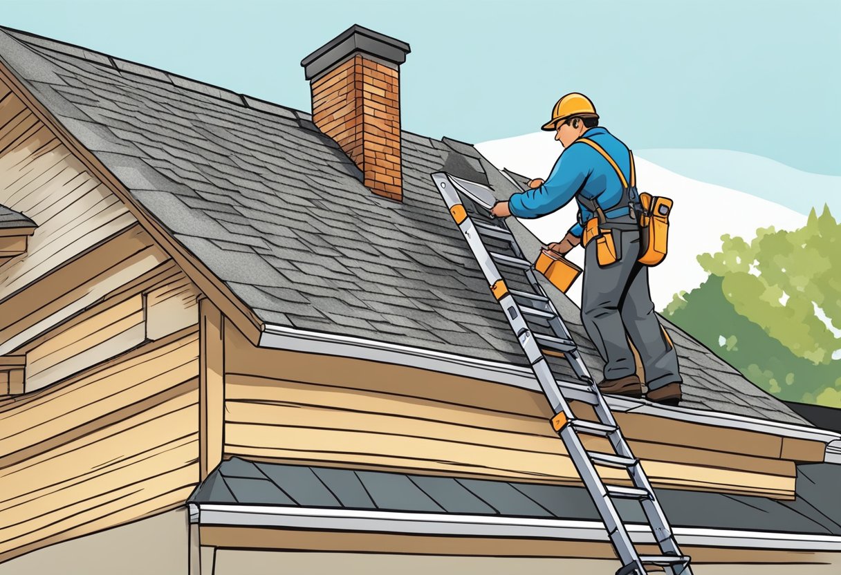 A roof inspector examines shingles, gutters, and flashing for damage. They use a ladder and tools to check for leaks and structural issues