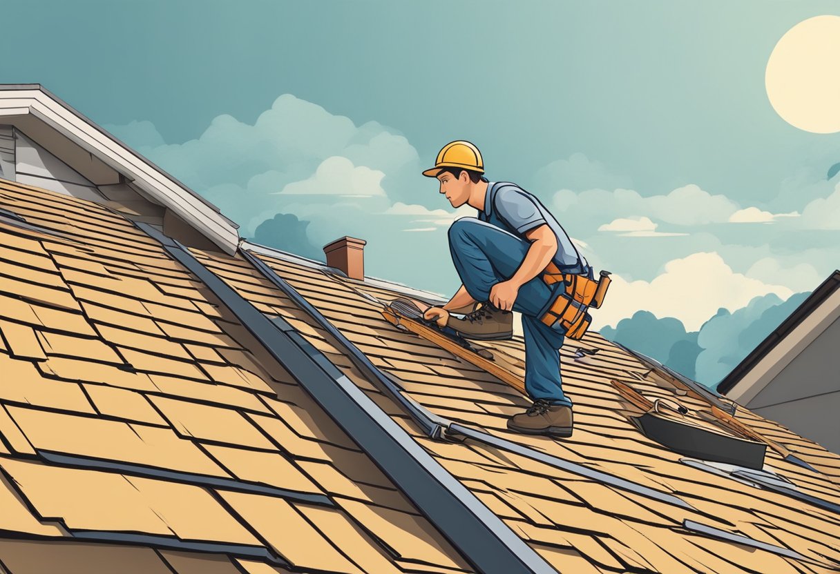 A professional roofer inspects a roof for damage using tools and equipment