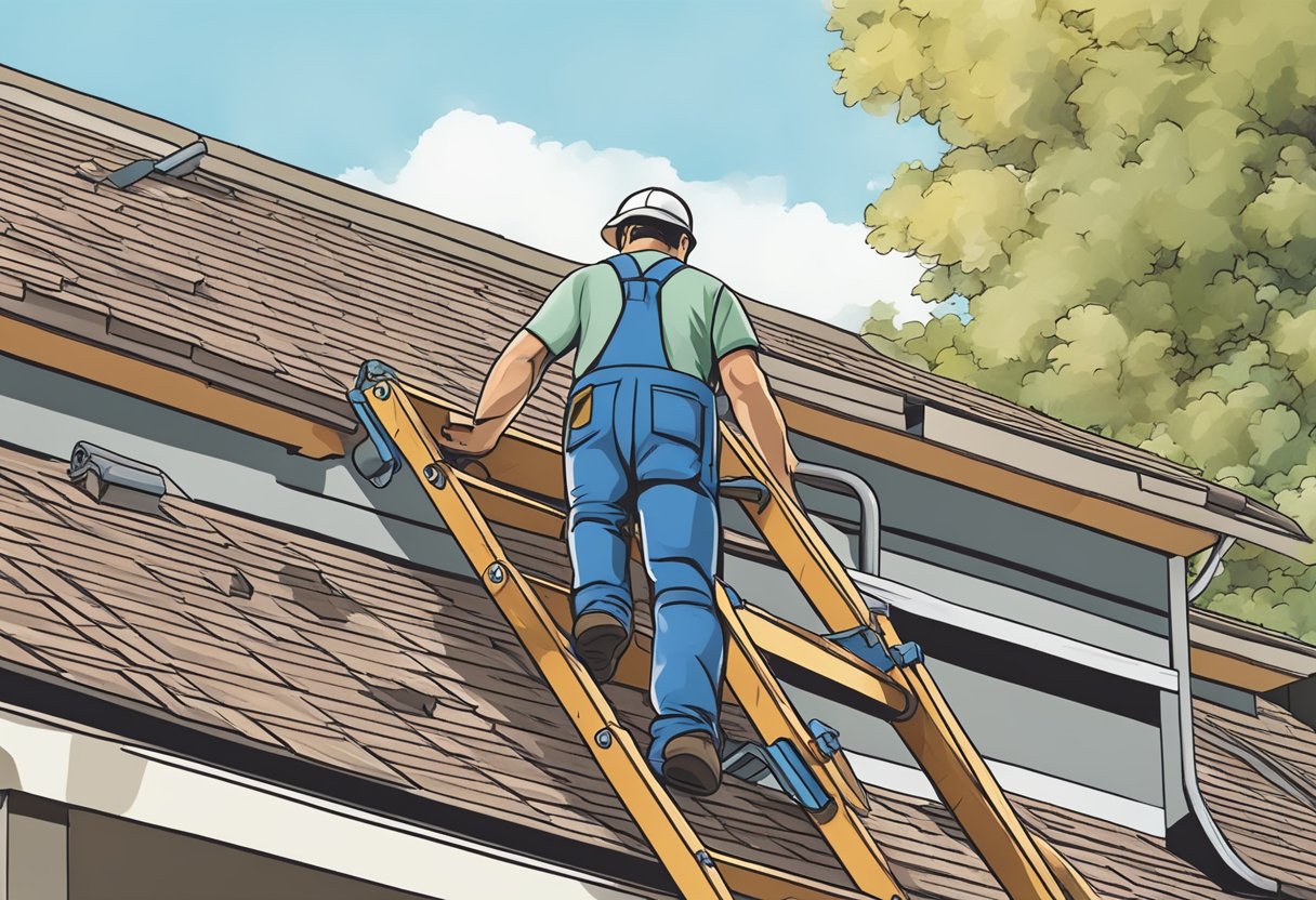 A person standing on a ladder inspecting a roof with shingles, gutters, and flashing in Sugar Land, Texas