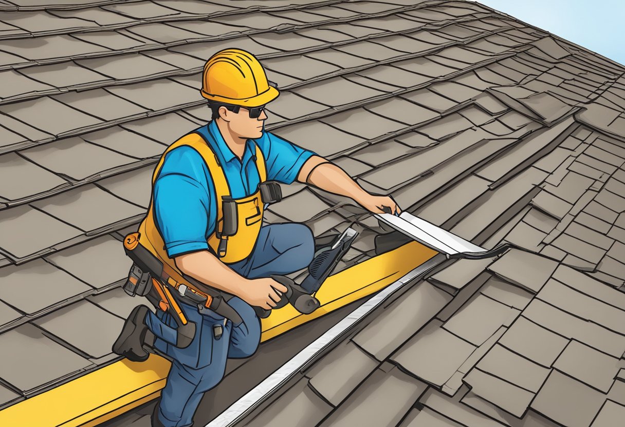 A professional inspector examines a roof in Sugar Land, TX, using tools and equipment to ensure safety and quality