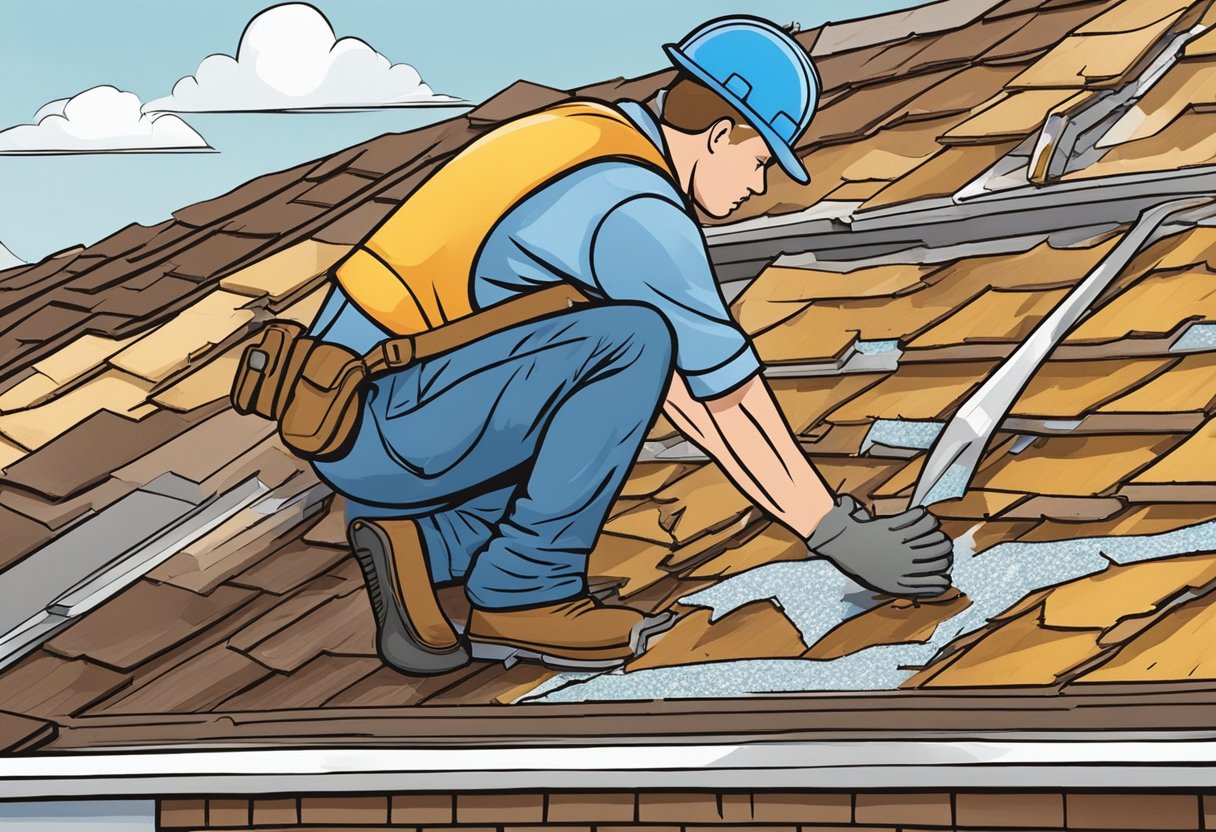 A roofer inspects a damaged roof in Sugar Land, TX for storm damage. Shingles are missing and there are signs of water leaks