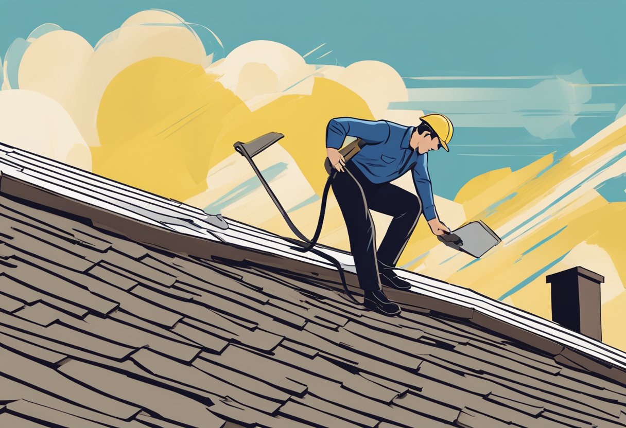 An insurance adjuster inspects a damaged roof in Sugar Land, TX, noting areas in need of repair