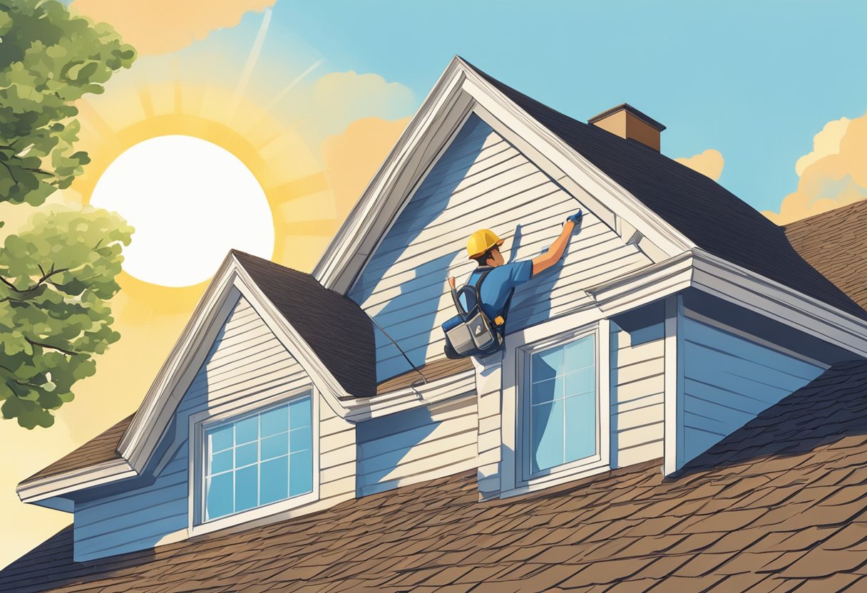 A roofer inspects a sturdy, well-maintained roof in Sugar Land, TX. The sun shines on the clean, intact shingles, and a clear blue sky frames the scene